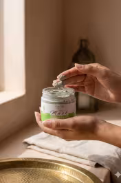 Main tenant pot masque argile verte 150g Rose Soffi – Format réel produit cosmétique bio Maroc - miniature 4